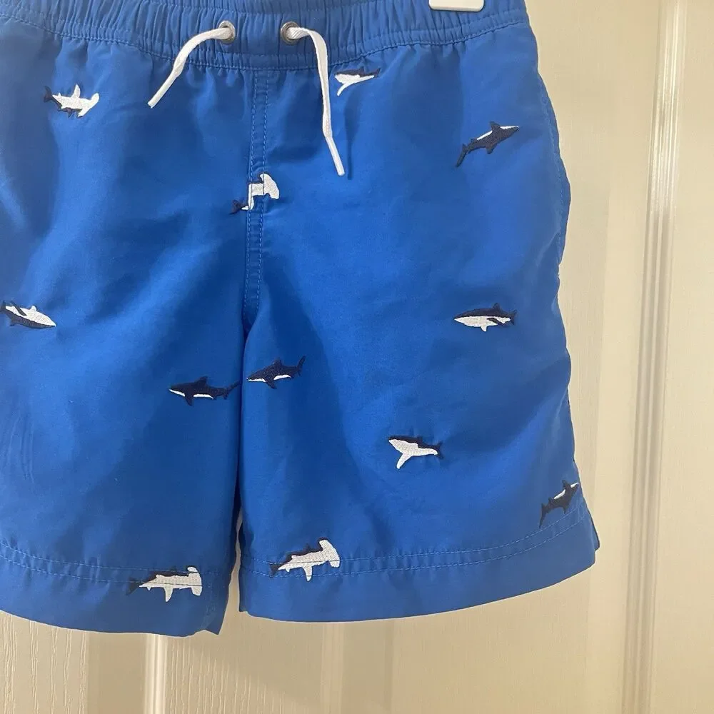 Hanna Andersson Blue Embroidered Sharks Swim Trunks Shorts Boys Size 120 US 6-7